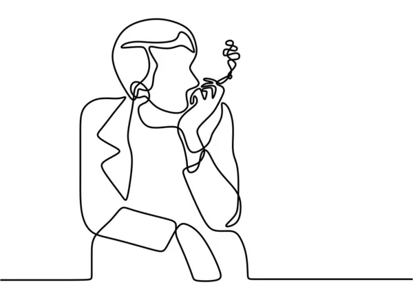 一个拿着香烟的男人的连续线条艺术风格 年轻的男性穿着西服坐在椅子上 一边呼出烟来 一边拿着一支香烟 性格吸烟的家伙 — 图库矢量图片