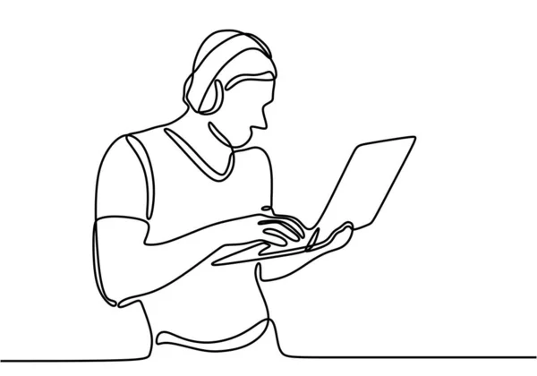 Εικονογράφηση Γραμμή Σχέδιο Ενός Νεαρού Άνδρα Στέκεται Χρησιμοποιεί Φορητό Υπολογιστή — Διανυσματικό Αρχείο