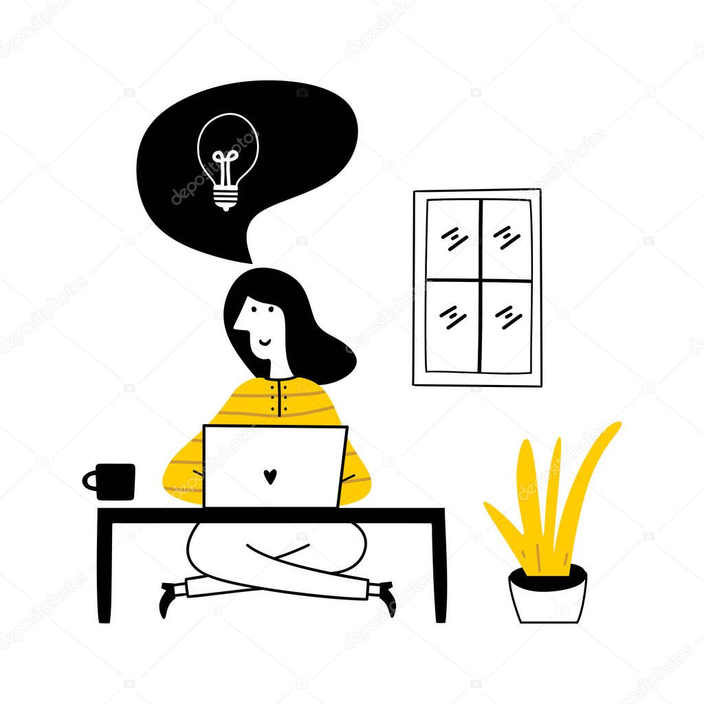 Working at home, coworking space, concept illustration. Young people woman freelancers working on laptops and computers at her home, dressed in home clothes. Vector flat style illustration