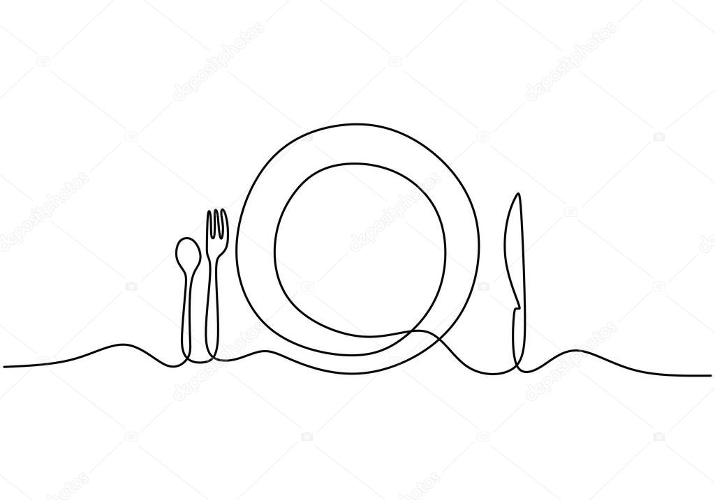 Continuous line drawing of food symbol. Sign of plate, knife, and fork. Minimalism hand drawn one line art minimalist vector illustration. Dinner theme with creative sketch contour.