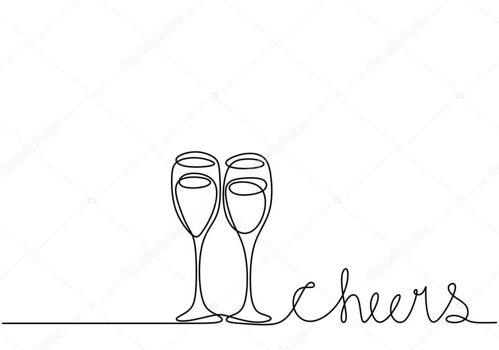 Continuous one line drawing. cheering with glasses of wine or champagne. Minimalism sketch hand drawn isolated on white background. Simplicity line art abstract style.