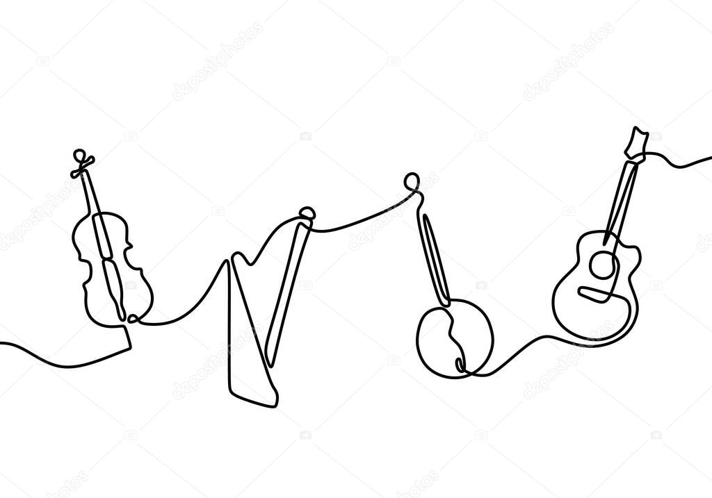 One continuous line drawing of jazz instrument. Musical tools of electric guitar, trumpet, violin, bass, and saxophone. Classical music instrument concept line drawn by hand on a white background