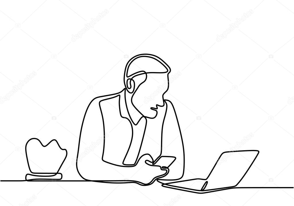 One continuous line drawing men in suits are looking at a laptop. Young businessman sits in the office and thinks the first something on the laptop on a white background. Vector illustration