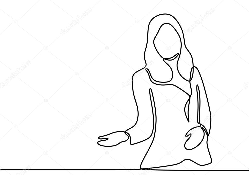 Continuous Line Drawing Of Beautiful Girl Showing Gestures Welcome Cheerful Cute Girl Standing Standing And Giving Politely Welcome To Guests Or Tourists Minimalism Vector Design Illustration Premium Vector In Adobe Illustrator