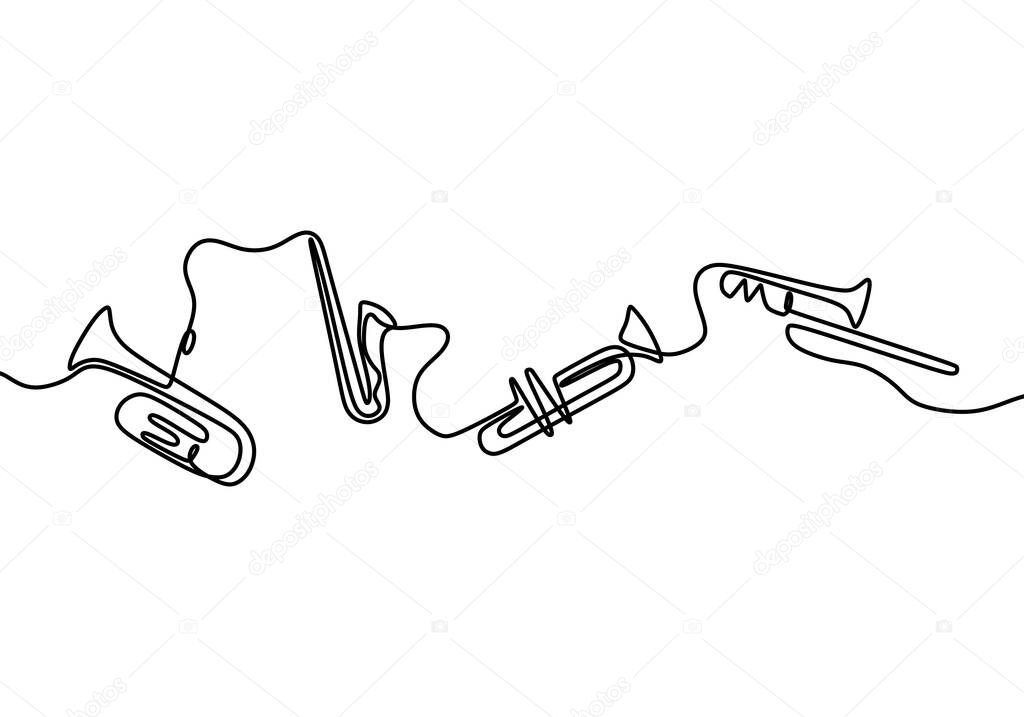 One continuous line drawing of jazz instrument. Musical tools of electric trumpet, violin and saxophone. Classical music instrument concept line drawn by hand on a white background