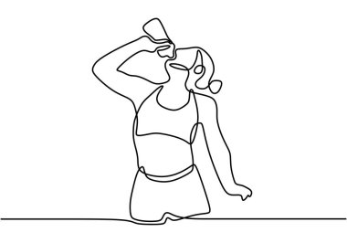 Sürekli tek bir çizgi çekiyor. Atletik bir kadın su içiyor. El çizimi resim silueti ve minimalist tasarımı beyaz bir arka planda izole edilmiş..