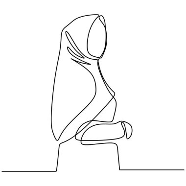 Başörtüsü olan mutlu Müslüman bir bayanın tek bir çizgisi. Başörtüsü takan güzel bir kız kamera önünde model olarak poz veriyor. Moda tesettüründe Asyalı kadınlar