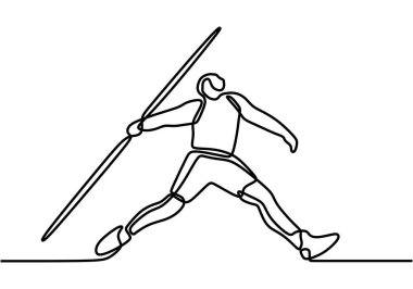 Atletizm sporunun sahaya mızrak atmadan önce durabilmek için sürekli çizdiği bir çizgi. Atletik oyunlar. Olimpiyat sporu konsepti. Dinamik tek çizgi çizimi tasarım vektörü illüstrasyonu