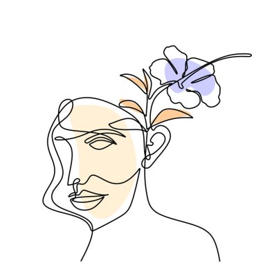 Çiçek çizgisi olan soyut vektör yüz. Kadın kafasında çiçek buketi, tek sıra sanat. Doğa kozmetik konsepti olan çiçek ikonu. Vektör çizgisi çizimi. Minimalist stil
