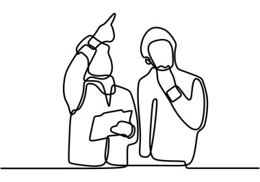 Mimarlık işi konsepti hakkında bir satır mühendisi tartışması. Bir çizgi çizimi tasarım illüstrasyonu