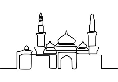 Bir çizgi devamlı olarak modern camiyi çiziyor. Minimalist tasarım beyaz arka plan islami sembollerle izole edilmiş.