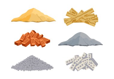 Construction material vector set collections. Pack of a pile of bricks, cement, sand, cinder blocks, wood, and stones on white background. Vector illustration for buildings. clipart