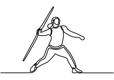 Genç ve sportif bir kadının sahaya mızrak atmadan önce durabilmek için sürekli yaptığı bir hareket. Atletik oyunlar. Olimpiyat sporu konsepti. Dinamik tek çizgi çizimi tasarım vektörü illüstrasyonu