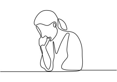 Öksüren genç bir kadın. Minimalist tasarımı olan kesintisiz bir çizgi beyaz arka planda izole edilmiştir..