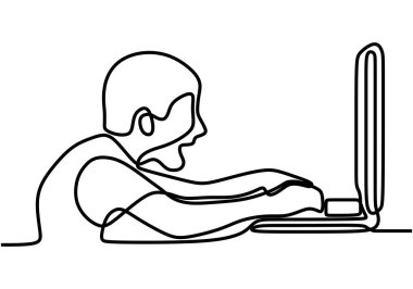 Bir siluetin bilgisayarla çizilmiş resmini oynayan akıllı bir çocuk çizimi. Çizgi sanatı. Çocuğun dizüstü bilgisayarda oturduğu karakter. tek satır