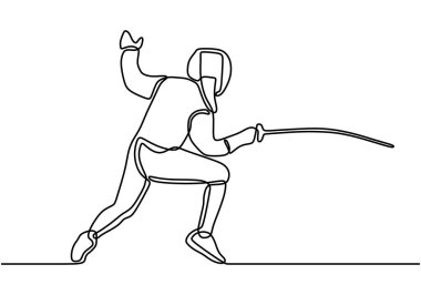 Eskrim maskeli ve Rapier 'lı genç profesyonel eskrim sporcusunun sürekli çizimi. Rekabetçi dövüş sporları yarışması konsepti.