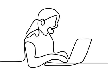 Bilgisayarda siluet çizen tatlı bir kızın sürekli çizdiği çizgi. Çizgi sanatı. Çocuğun dizüstü bilgisayarda oturduğu karakter. tek satır