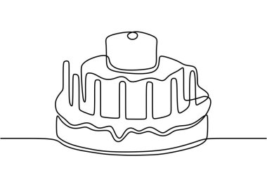 Devamlı çizgi çizimi. Mumlu doğum günü pastası. Kutlamanın sembolü. Beyaz arka planda siyah izole edilmiş. El çizimi vektör illüstrasyonu.