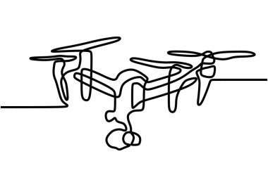 Tek hat halinde uçan dron. El çizimi vektör çizimi sürekli çizgi. Görüntü, hava ve casus yapmak için elektronik aygıt.
