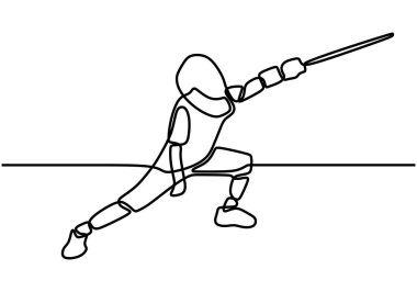 Eskrim maskeli ve Rapier 'lı genç profesyonel eskrim sporcusunun sürekli çizimi. Rekabetçi dövüş sporları yarışması konsepti.