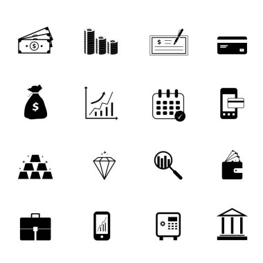 Para ve ekonomi sembolü ikon vektörü, siyah-beyaz tablo, grafik, fatura, kredi kartı, cüzdan ve finansal enstrüman. Çevrimiçi ödeme, web grafik ögesi için yatırım teknolojisi.