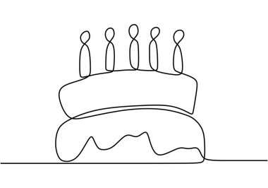 Devamlı çizgi çizimi. Beş mumlu doğum günü pastası. Kutlamanın sembolü. Beyaz arka planda siyah izole edilmiş. El çizimi vektör illüstrasyonu.