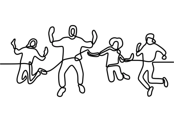 Quatro Membros Felizes Família Saltando Uma Linha Contínua Mão Desenhada —  Vetores de Stock