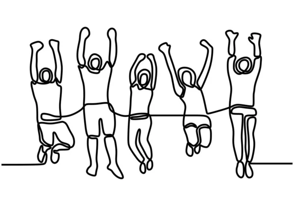 Pessoas Felizes Saltando Desenho Linha Contínua Desenho Linha Ilustração Vetorial — Vetor de Stock