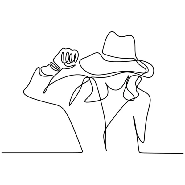 Femme Chapeau Art Ligne Continue Jeune Femme Portant Chapeau Style — Image vectorielle