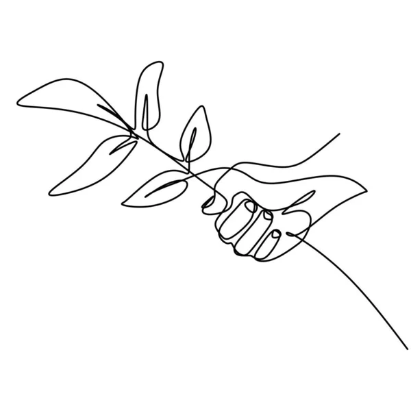Desenho Linha Contínua Mão Segurando Planta Crescente Mão Mão Mão —  Vetores de Stock