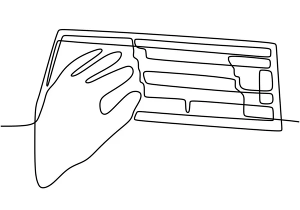 单行绘图左撇子在键盘上打字 简单单手绘图线型草图 — 图库矢量图片