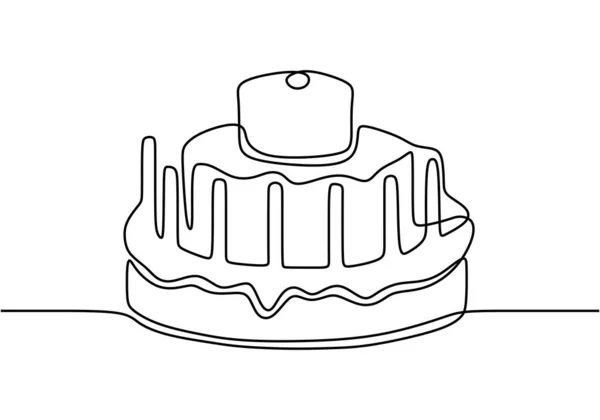 連続線画 ろうそくの誕生日ケーキ お祝いのシンボル 白を背景に黒が孤立 手描きベクトルイラスト — ストックベクタ