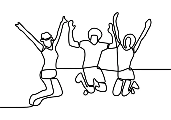 3人の幸せな女の子ジャンプ 孤立した白い背景で描かれた連続した1本の線の手 — ストックベクタ