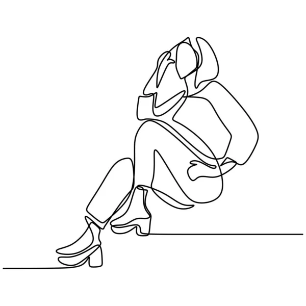 Beautiful Woman Sitting Pose Model Style Continuous One Line Drawn — Stock Vector