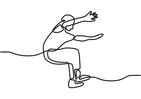 Continuous line drawing of athletic man long jump. Young energetic athlete exercise to land on sand pool after jumping vector illustration, minimalism style