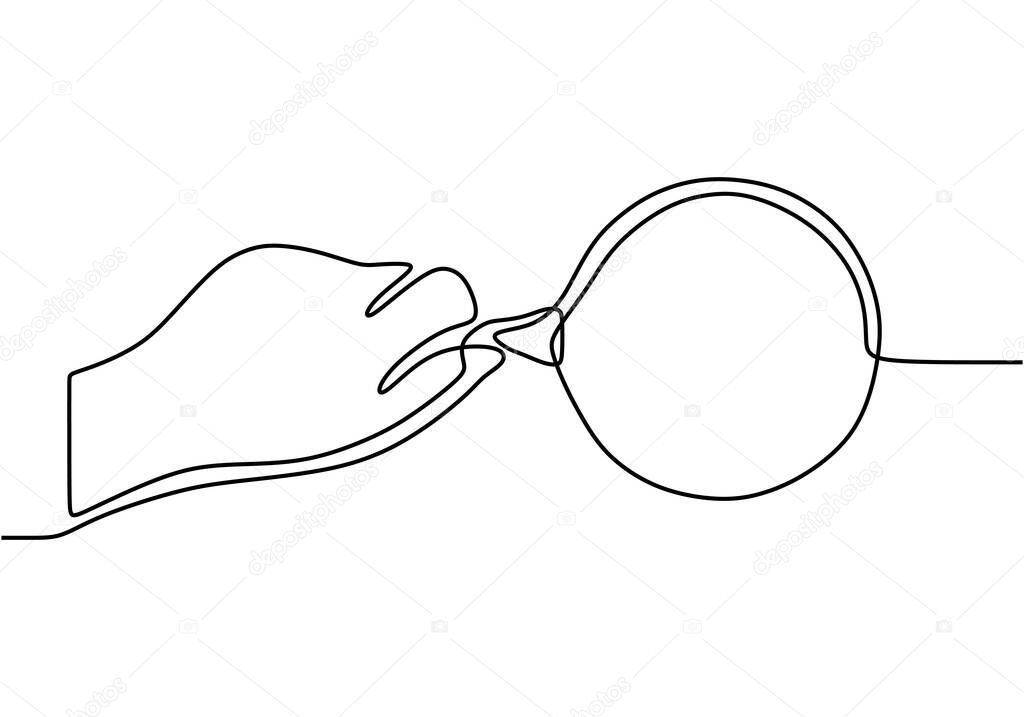 Left hand hold magnifier drawn by one line. Single line drawing. Continuous line with minimalist design isolated in one white background.