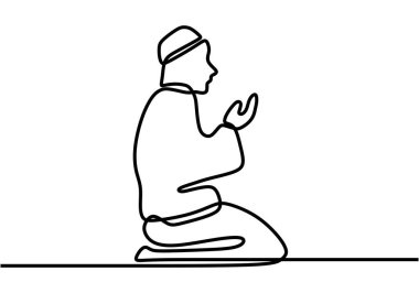Müslüman birinin çizdiği bir çizgi, Kuran 'ın arkasında el kaldırarak dua ettiği bir çizgi. İslam kutsal günü Ramazan Kareem ve Bayram Mübarek, tek satır tasarım vektörü illüstrasyonu için dua ediyorlar.