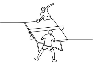 İki genç çevik adamın sürekli çizdiği tek çizgi masa tenisçisi topa vurdu. Spor egzersiz konsepti. Bir satır ping pong turnuvası tanıtım medyası için tasarım vektör çizimi.
