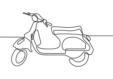 Klasik scooter ya da Vespa. Beyaz arka planda izole edilmiş klasik scooter motosiklet çizimi. Antika Asya motor logosu.