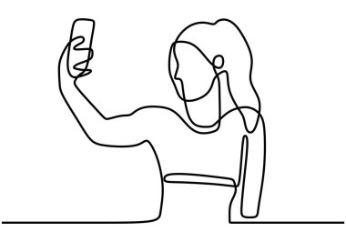 Selfie çubuğuyla gece elbisesi giymiş güzel bir kadının sürekli tek sıra çizimi. Vektör illüstrasyon portresi güzel kız, elinde akıllı telefon, online hikayeler ya da canlı yayın