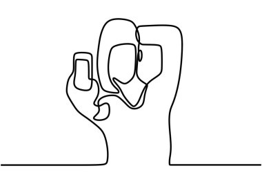 Selfie sevimli kız vektörünün sürekli çizimi. Akıllı telefonu ya da cep telefonuyla fotoğraf çeken bir kadın ya da kişi. Minimalist tasarım minimalizm tarzı illüstrasyon beyaz arkaplanda izole edildi.