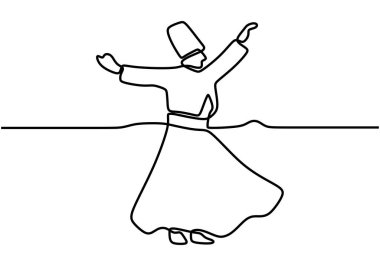 Bir el İslami geleneksel dönen derviş çizdi. Bir çizgi beyaz arka planda izole edilmiş minimalist tasarım ile Sufi dansı çiziyor.