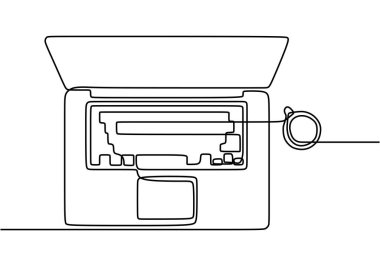 Bilgisayar dizüstü bilgisayarının tek satır çizimi ve iş yerindeki masada bir fincan kahve. Çalışma masası konsepti. Bir çizgi çizimi tasarım illüstrasyonu.