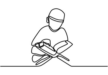 İslam 'ın kutsal günü için Kur' an okuyup okuyan müslüman bir çocuğun çizimi ve tebrik kartı konsepti. Bir çizgi tasarım vektörü çizimi.