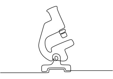 Aralıksız çizgiler halinde sanat bilimi araştırma mikroskobu. Biyoloji mikro teknoloji tıp sektörü tasarımı. Minimalist tasarımı tek bir beyaz arka planda izole edilmiş.