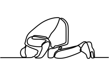 Mütemadiyen müslüman adamın diz çöküp dua edişini gösteren bir çizgi. Ramazan Kareem ve ied Mübarek tebrik kartı konsepti. Minimalist tasarımı tek bir beyaz arkaplanda izole edilmiş.