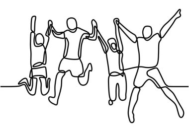 Dört mutlu arkadaş zıplıyor. İzole edilmiş beyaz arkaplan ile çizilen tek çizgi