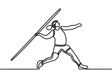 Sahaya mızrak atmadan önce duruş almak için sürekli bir spor kadın egzersizi çizimi. Atletik oyunlar. Olimpiyat sporu konsepti. Dinamik tek çizgi çizimi tasarım vektörü illüstrasyonu