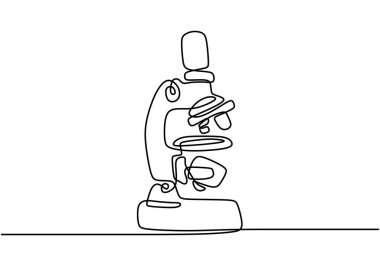 Tıbbi mikroskop beyaz zemin üzerinde tek bir siyah çizgi tarafından çizilir. Tek satırlık çizim. Minimalist tasarımı olan kesintisiz çizgi tek bir beyaz arkaplanda izole edilmiş.