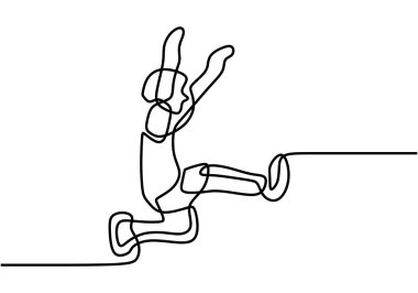 Çocuk uzun atlama çizgileri çiziyor. Genç enerjik atlet, atlama vektörü illüstrasyonundan sonra kum havuzuna inmek için minimalizm stili egzersiz yapıyor.